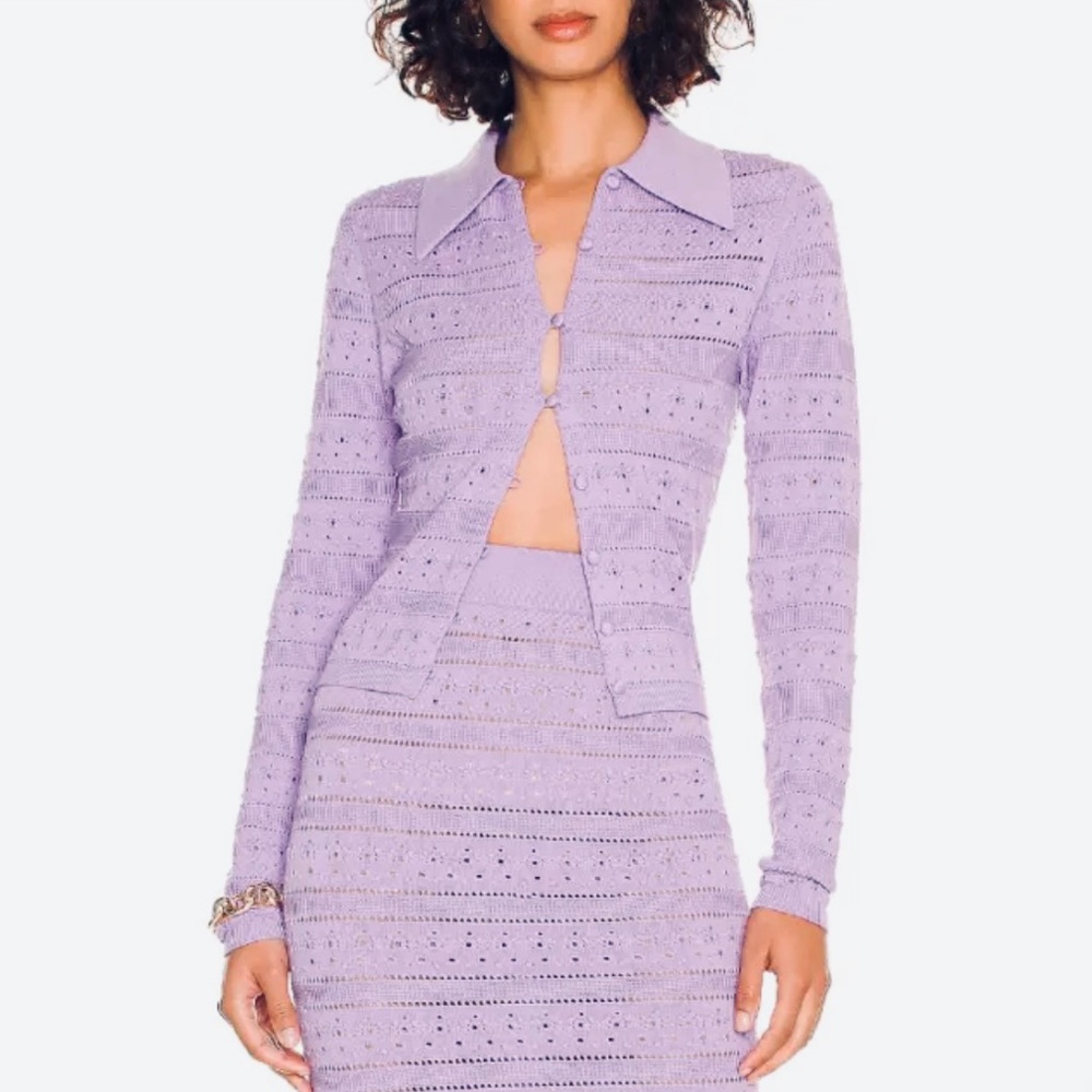 Ronny Kobo Camille 2 Pc Set Knit Button Sweater Mini Skirt Lilac Purple Sz S NWT